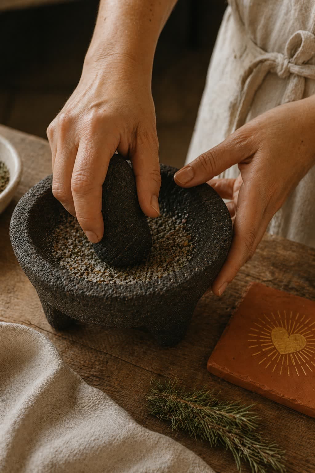 Hands grinding herbs and coarse salt in a dark-stone molcajete — a traditional Mexican volcanic-rock mortar — mid-gesture, pressing the pestle down on a softly lit kitchen counter.