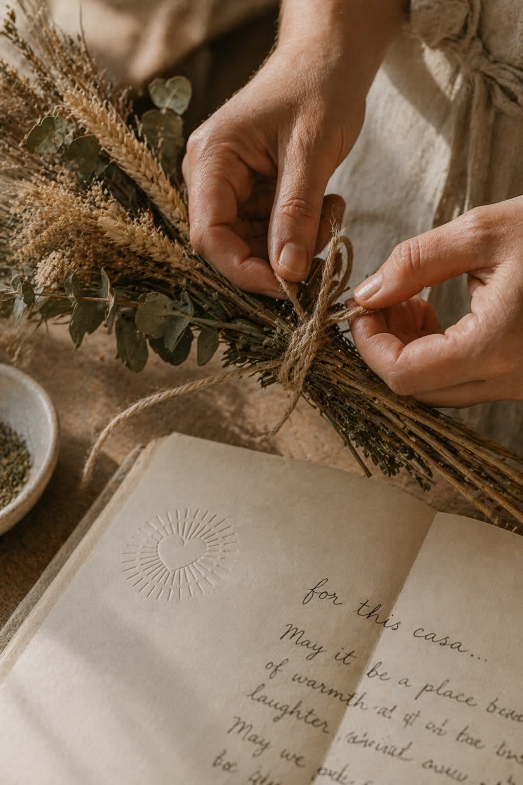 Hands tying a hand-bound wheat-and-eucalyptus bundle with natural linen twine, with a hand-embossed journal soft-focus in the background showing handwritten text.
