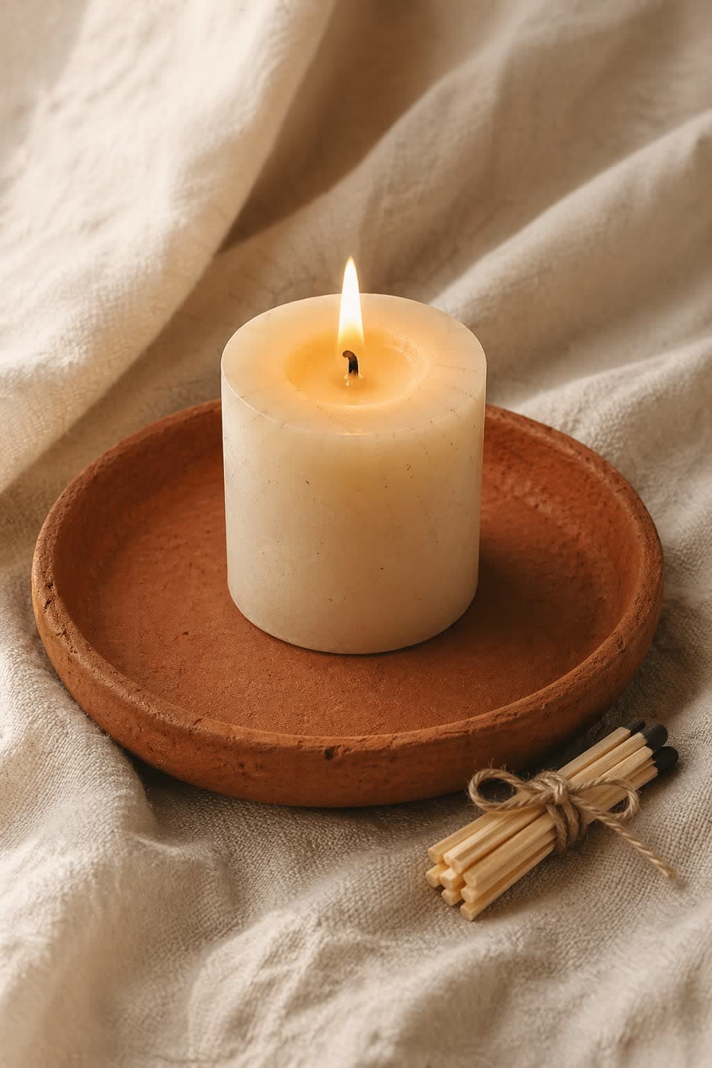 A single Luz candle in an unglazed terracotta tray, photographed in warm amber light with a small bundle of wooden matches beside it — a first gesture.
