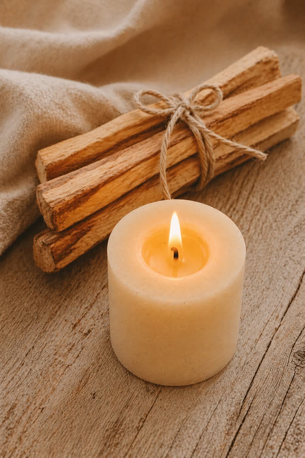 Palo santo wood sticks tied with linen twine beside a cream Luz candle, photographed in warm evening light — for grounding and calm.