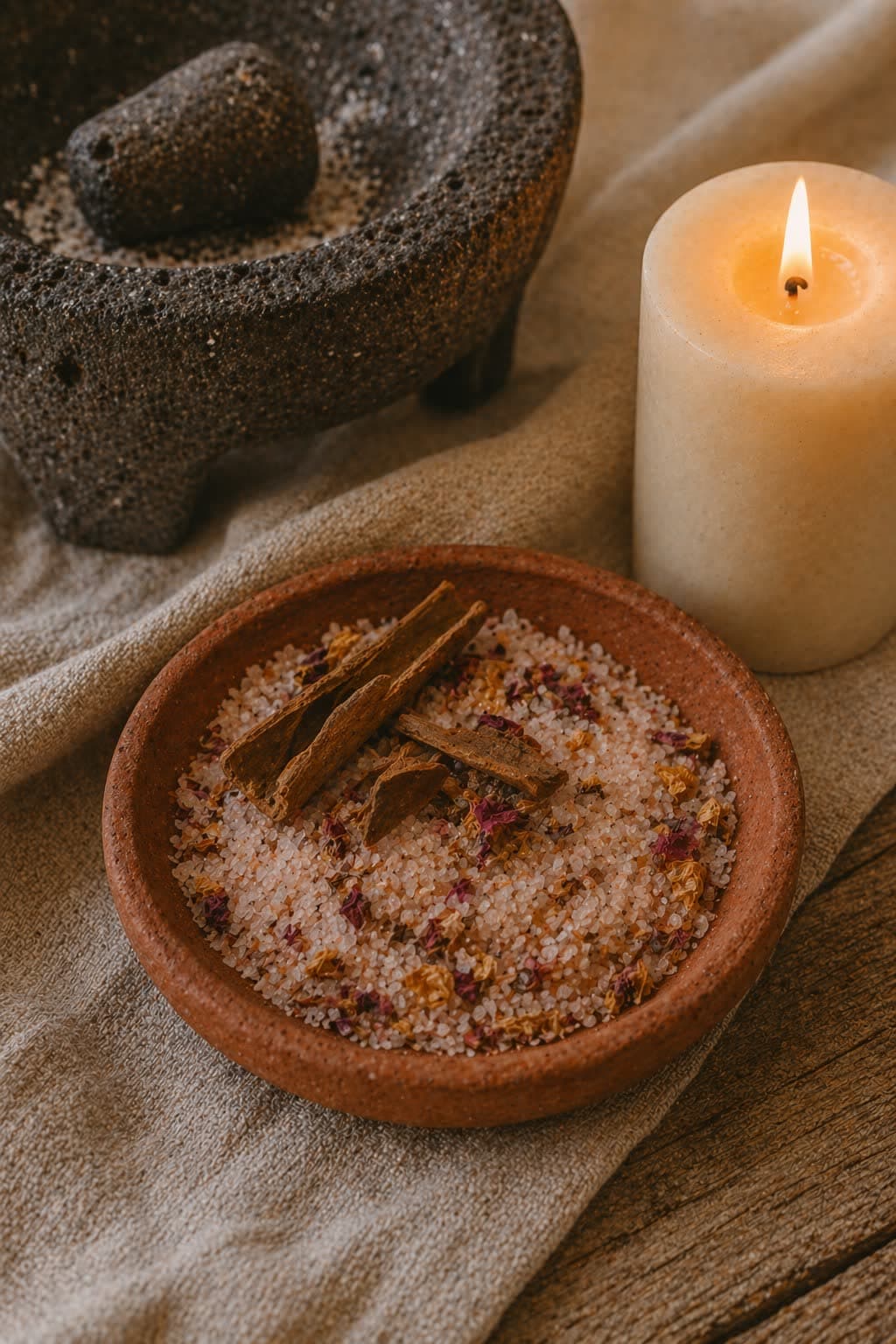 A terracotta dish of hand-ground blessing salts beside a Luz candle — the Luz & Blessing Salts ritual bundle, in either Calor (warmth) or Aire (renewal) blend.