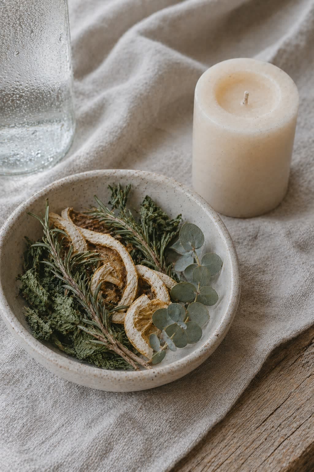Dried lemon peel, rosemary, mint, and eucalyptus in a pale ceramic bowl beside an unlit Luz candle — the Aire simmer blend, bright and clearing.